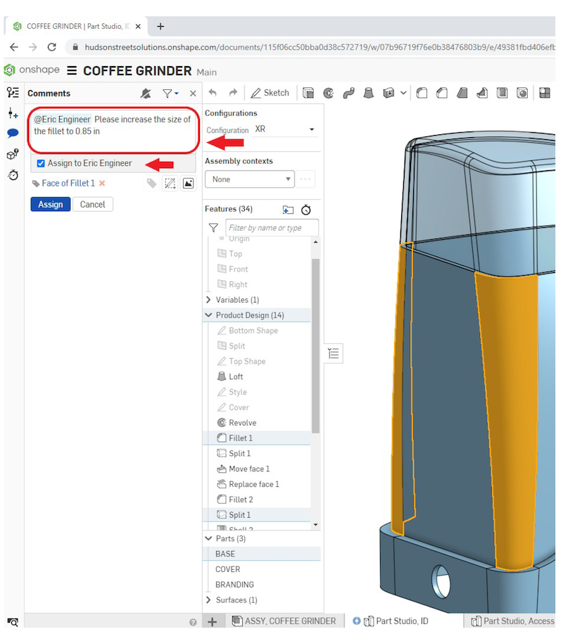 Assigning task using the Onshape Add Comment function