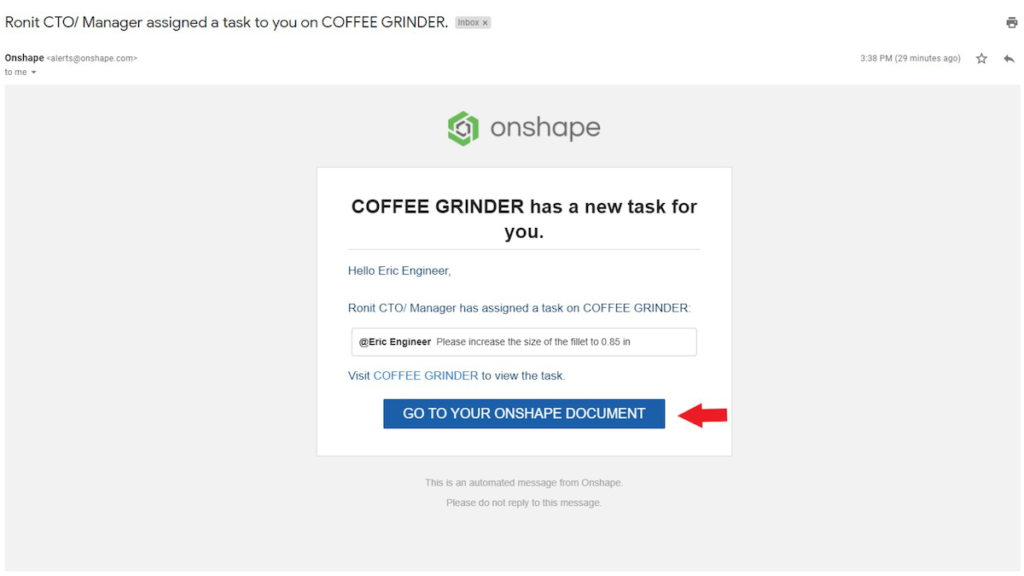 New task notification email from Onshape