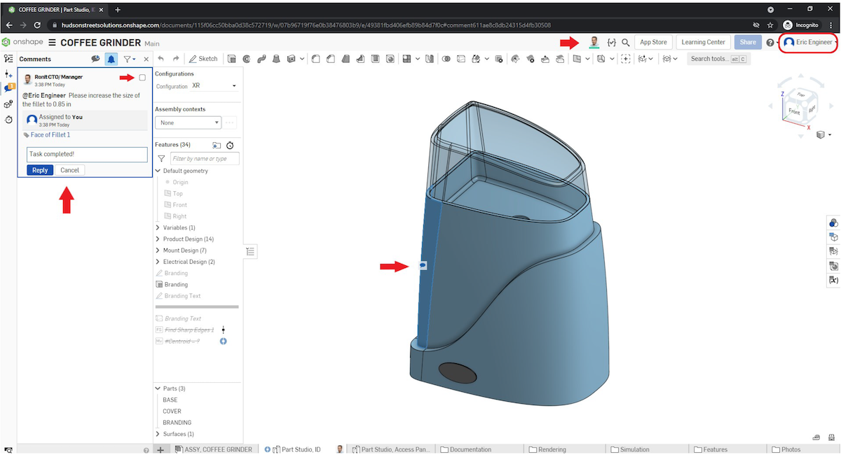 Completing a project task in Onshape
